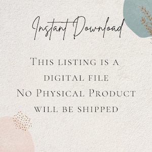 Op de afbeelding: Tekst op een witte achtergrond met een blauw en roze abstract ontwerp. De tekst luidt "Direct downloaden", "Deze vermelding is een digitaal bestand", "Er wordt geen fysiek product verzonden."