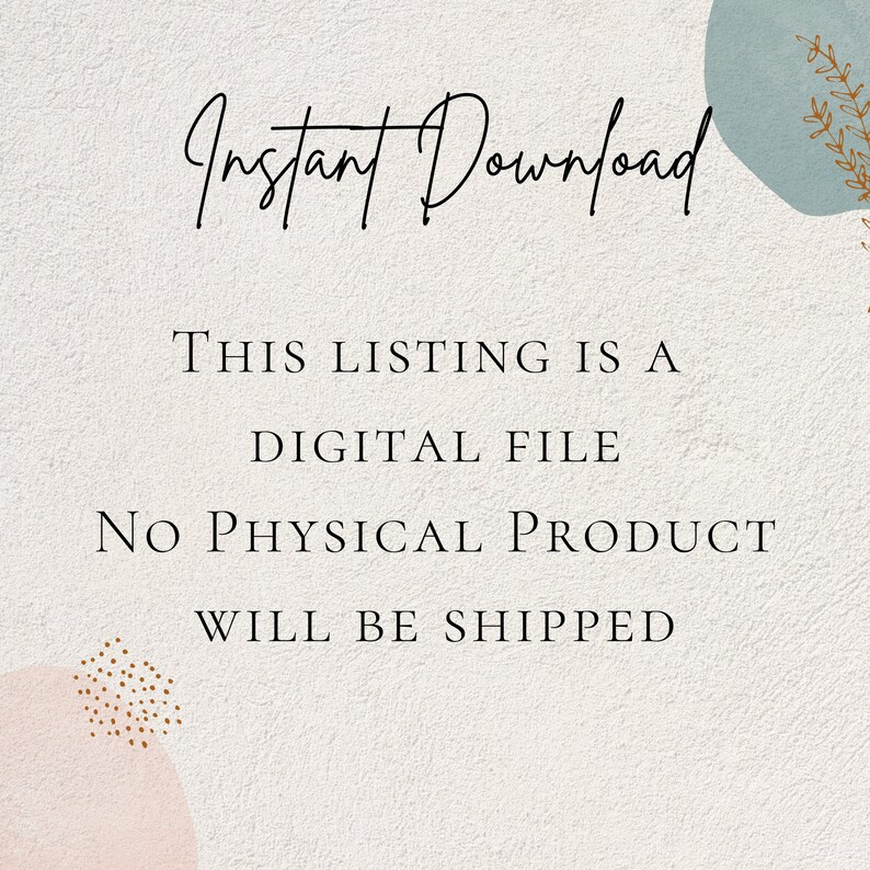 Op de afbeelding: Tekst op een witte achtergrond met een blauw en roze abstract ontwerp. De tekst luidt "Direct downloaden", "Deze vermelding is een digitaal bestand", "Er wordt geen fysiek product verzonden."
