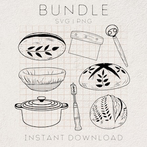May include: A black and white illustration set of baking tools and bread. The set includes a bread knife, a bread scoring tool, a proving basket, a dutch oven, and three loaves of bread.