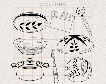 May include: A black and white illustration set of baking tools and bread. The set includes a bread knife, a bread scoring tool, a proofing basket, a dutch oven, and three loaves of bread.