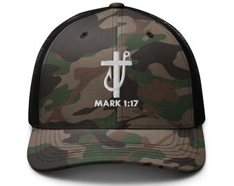 Gorra de camionero con camuflaje de cruz y anzuelo de pescador de Marcos 1:17 / Gorra para el Día del Padre, gorra de pescador de hombres, gorra cristiana para hombres, gorra con cruz y anzuelo de pescador