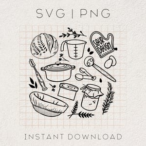 Op de afbeelding: Zwart-witte lijntekeningen van bak- en keukengerei, waaronder een brood, een maatbeker, een pan, een deegkrabber, een pot, een kom, een theedoek, een garde en een ovenwant met de tekst "Sour Dough".