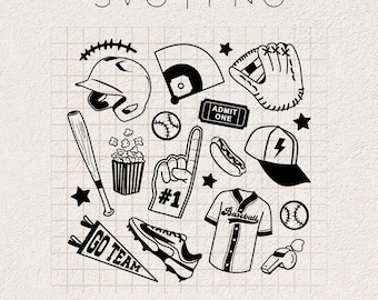 May include: Black and white illustrations of baseball themed items, including a baseball glove, a baseball cap, a baseball jersey, a baseball bat, a baseball, a popcorn bucket, a hot dog, a foam finger, a go team pennant, a ticket that says "Admit One", and a whistle.