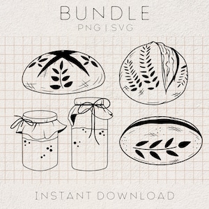 Może przedstawiać: Pakiet cyfrowych plików do pobrania z czterema czarno-białymi ilustracjami: dwoma bochenkami chleba z wzorem liści i dwoma słoikami z pokrywkami.