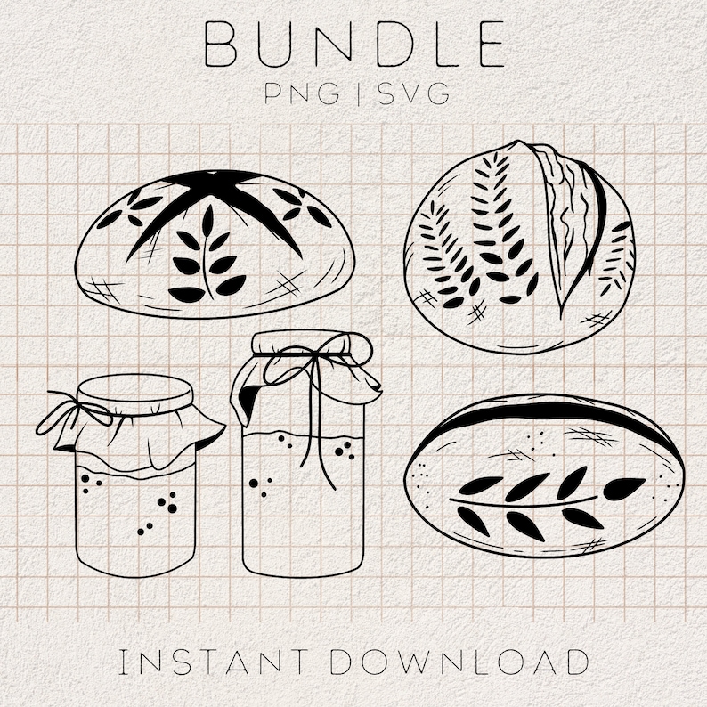 May include: A digital download bundle of four black and white illustrations: two loaves of bread with a leaf design, and two jars with lids.