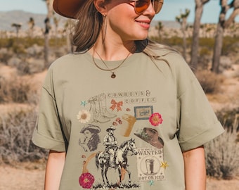 Liten stadskaffe-collage-skjorta | western-grafikskjorta, cowboy-espressobar, cowgirl-grafik-t-shirt, vintage western-skjorta, kaffeestetik