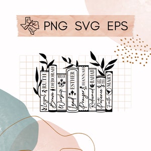 May include: Black and white silhouette of a bookshelf with eight books. Each book has a different name on the spine, including "Loyal Ruth", "Brave Deborah", "Worship Miriam", "Lead Esther", "Prayer Hannah", "Redeemed Rahab", "Patience Sarah", and "Faith Mary".