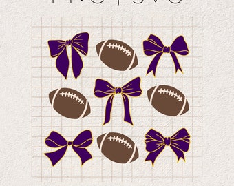 Purple and Gold Football & Bows SVG | football mom shirt, coquette design football, football sister, football sublimation, cute football svg