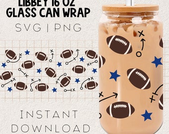 Football Glass Can Wrap SVG | Football Season Glass Cup, Superbowl Cup, Football Mom SVG, Glass Cup Sublimation, 16 oz Libbey glass can wrap