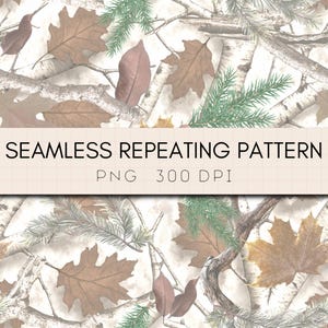 Könnte beinhalten: Nahtloses sich wiederholendes Muster mit einem Camouflage-Design. Es zeigt braune Blätter, grüne Kiefernnadeln und Birkenzweige. Der Text "SEAMLESS REPEATING PATTERN PNG 300 DPI" wird angezeigt.