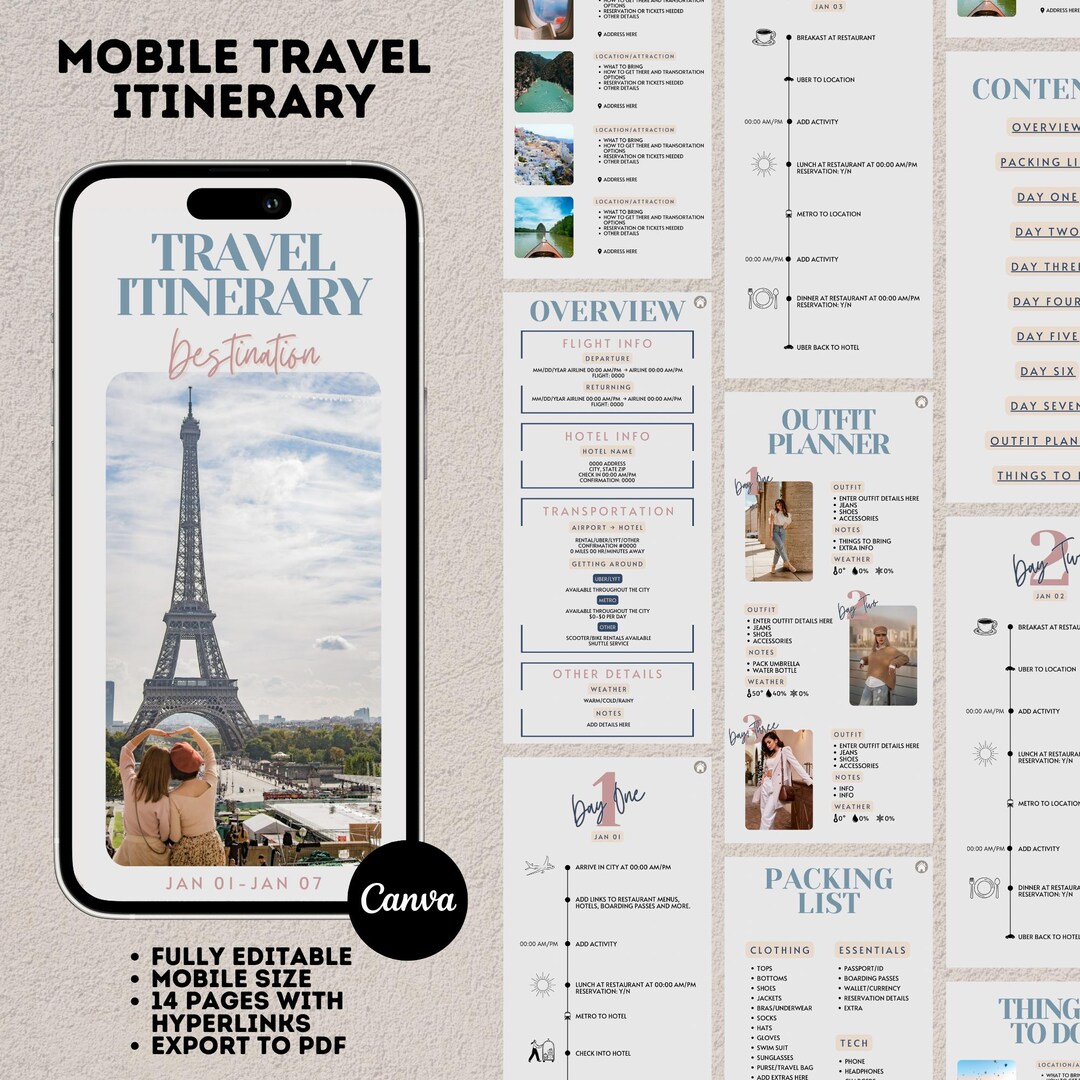 Mobile Travel Itinerary Canva Template | Trip Planner Mobile Template ...