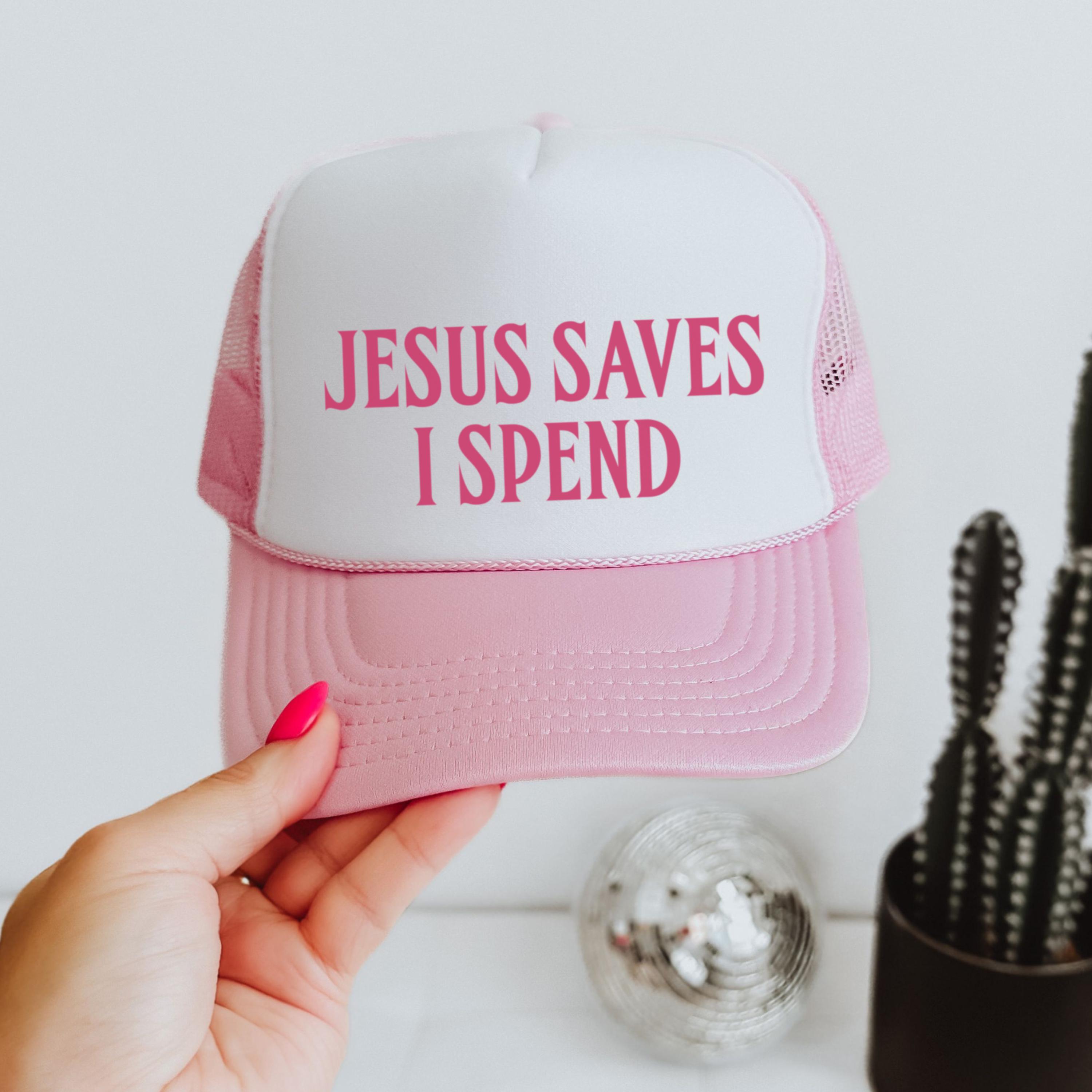New! Jesus Saves I Spend Embroidered Red Trucker Hat Jesus Saves I Spend Trucker Hat – The Crooked Cactus Boutique main image 3