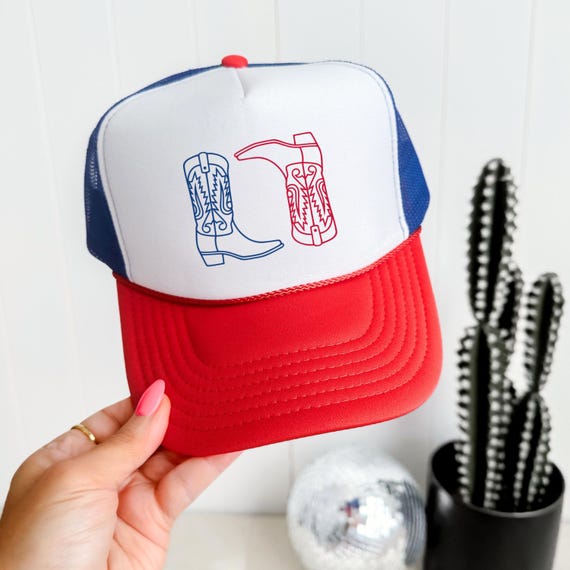 Red and White Trucker Hat with Boot Design Red, White, and Boots Trucker Hat – Texas Sun Creative main image 2