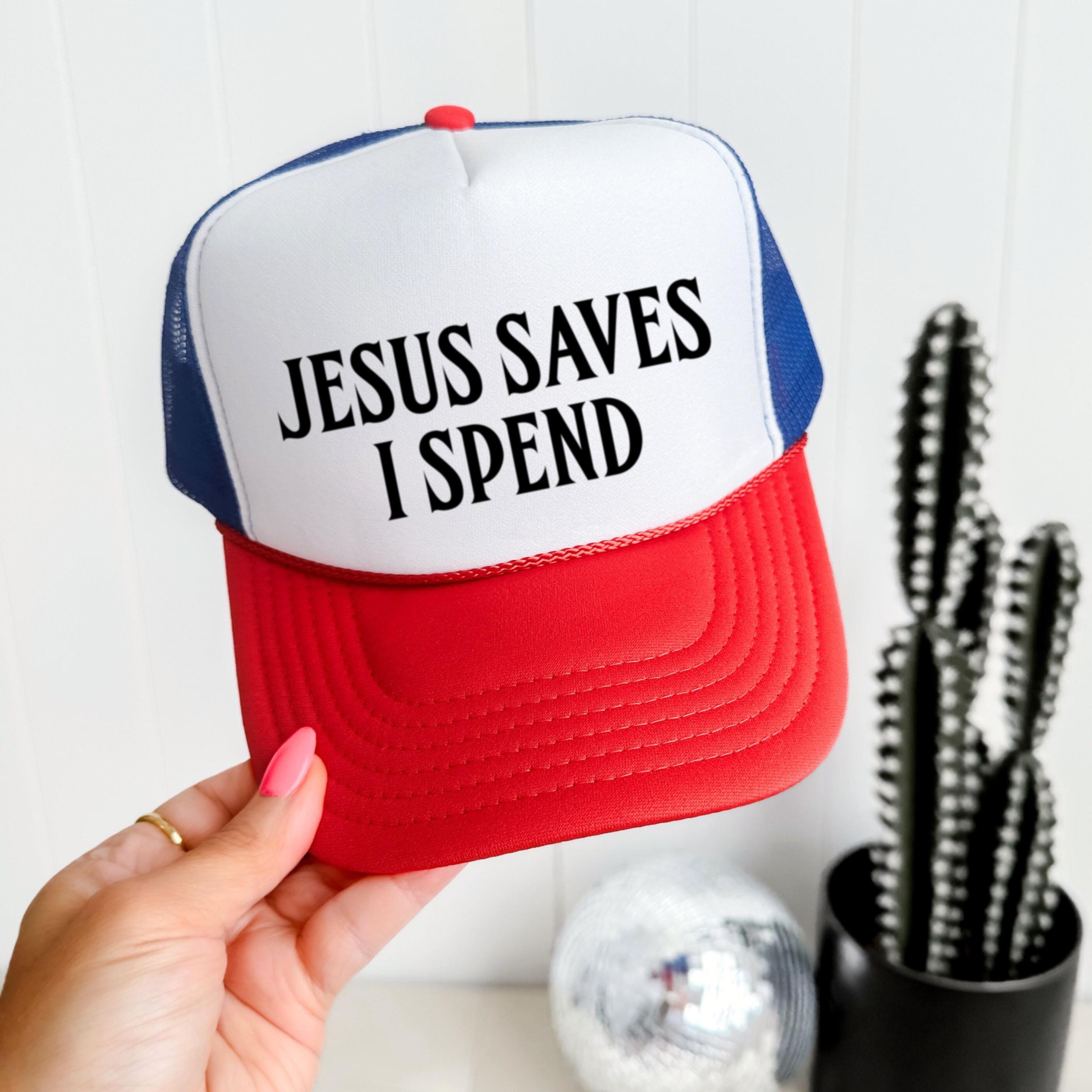 New! Jesus Saves I Spend Embroidered Red Trucker Hat Jesus Saves I Spend Trucker Hat – The Crooked Cactus Boutique main image 4