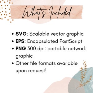 May include: A graphic design listing showing the file formats included in the purchase: SVG, EPS, and PNG 300 dpi. The text "What's Included" is written in a handwritten font on a pink background.