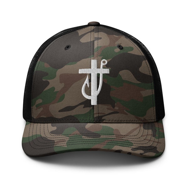 Cross and Fish Hook Camouflage trucker hat | Fathers Day hat, fisher of men hat, christian hat for men, cross fish hook hat, gifts for dad