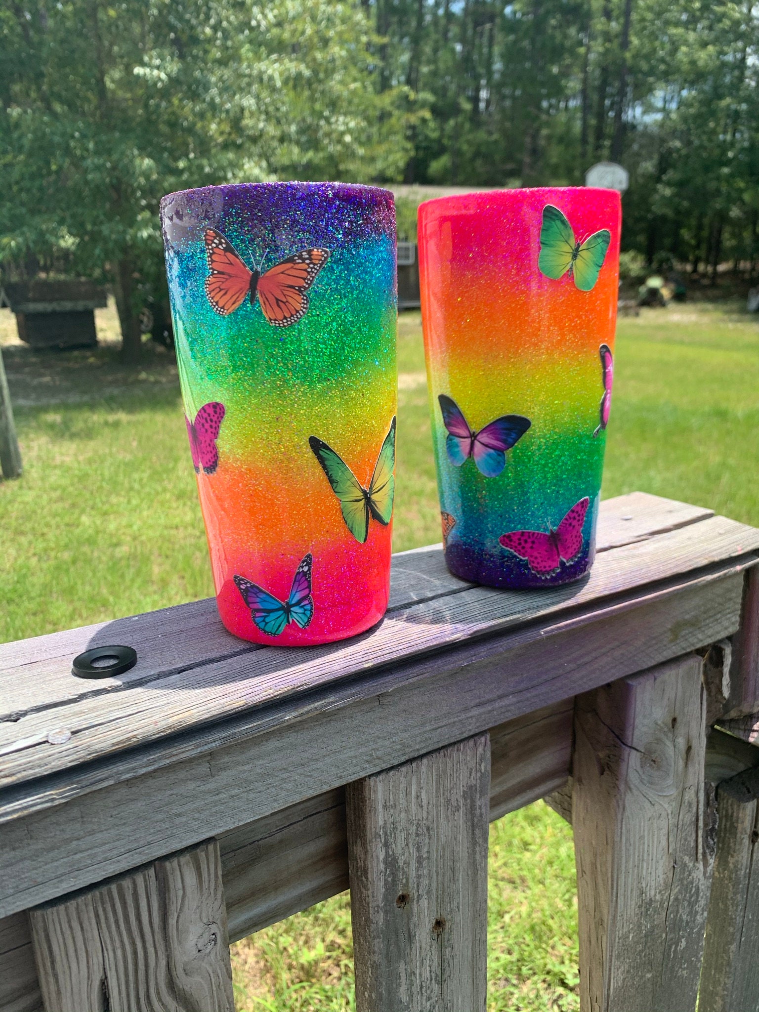 Neon rainbow butterfly tumbler glitter yeti yeti tumbler Etsy