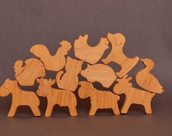 Open-ended plays wooden farm country animals toys figurines baby