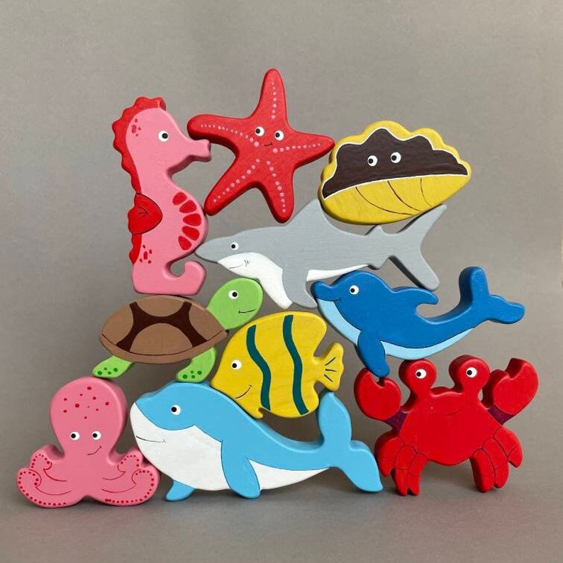 Unique handcrafted wooden ocean sea animals toys figurines toddler image 1