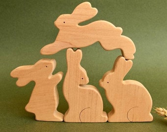 Small cute wooden woodland rabbits animals toys baby