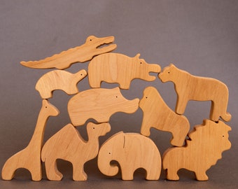 Preschool open-ended plays wooden African woodland animals toys figurines birthday gift baby