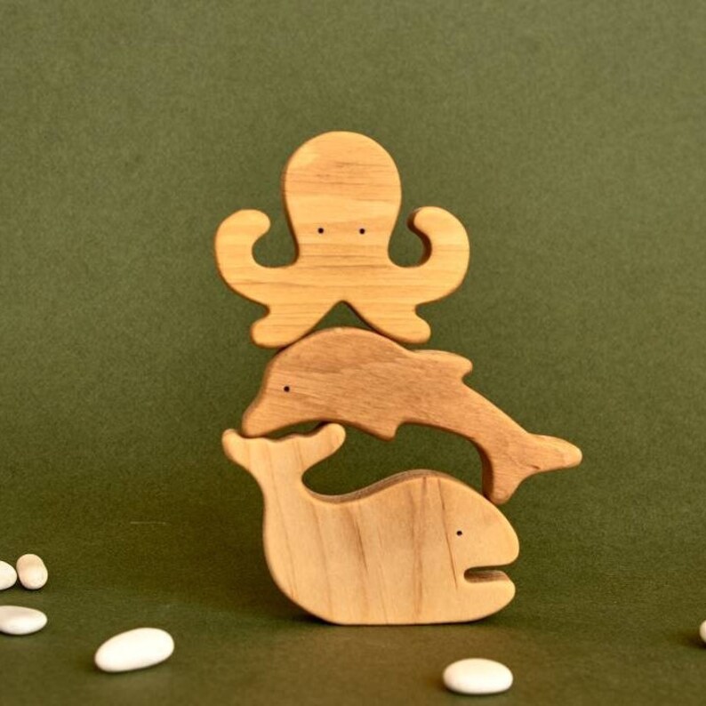 Cute baby 1 year Waldorf wooden sea animals toys figurines grandbaby gift image 2