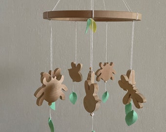 Wooden baby mobile nursery decor neutral insects animals baby