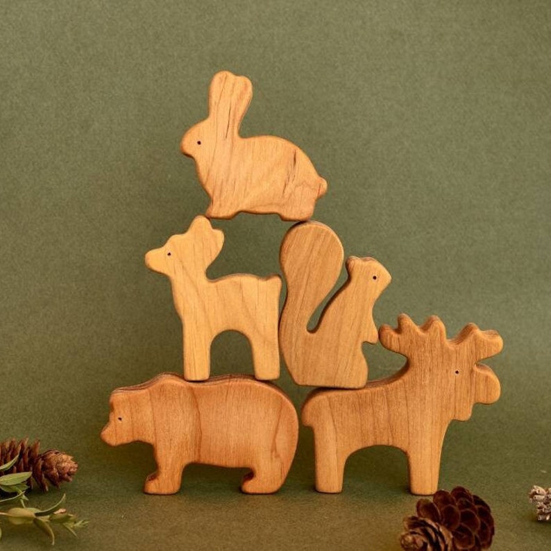 Preschool wooden woodland forest animals figurines toys baby image 1