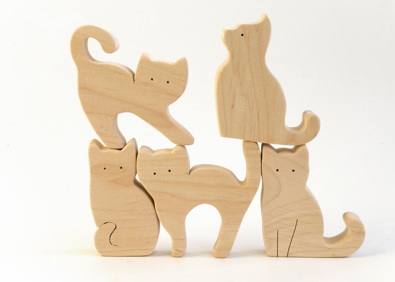 Wooden Toy Set Animal Play Set Organic Wood Toys Cats Etsy