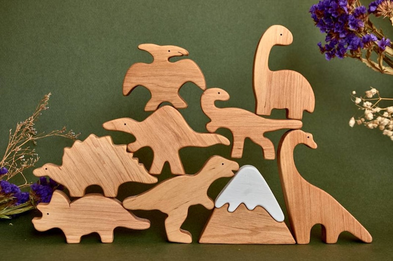 Wooden Jurassic period dinosaurs animals toys figurines toddler image 1
