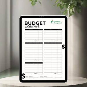 Może przedstawiać: Czarno-biały cyfrowy planer budżetu na ekranie tabletu. Planer zawiera sekcje dla dochodów, długów, stałych wydatków, zmiennych wydatków, oszczędności i sum. Tekst "BUDGET planner" znajduje się w górnej części ekranu, a tekst "Life Money Management" znajduje się w prawym górnym rogu.