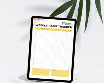 May include: A weekly habit tracker on a tablet screen with a floral design. The tracker has a list of habits, a grid for tracking daily habits, and sections for motivation and notes.
