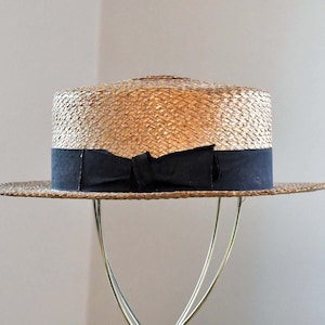 Vintage Mens Straw Boater Hat with Ribbon and Bow