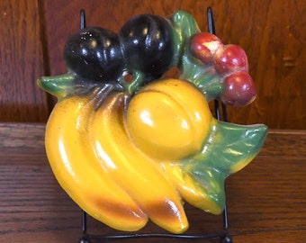 Vintage Retro Kitsch Chalkware Fruit Cluster Banana Plums Cherries