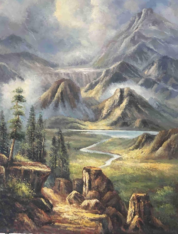 Large Mountain Landscape Painting: Hand-painted Grey, Blue, Green