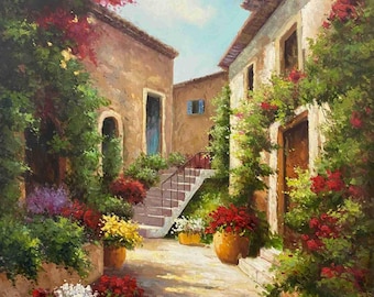 Original European Street Painting: Large Cityscape Wall Art, 36x47