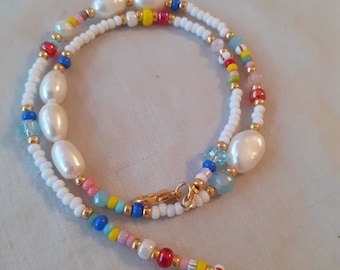 Freshwater pearl and bead necklace, pearl and colourful beads necklace, beaded necklace, beaded freshwater pearl choker, mothers day gift