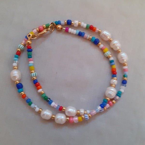 Beaded necklace, freshwater pearl and seed beads necklace, real pearl and colourful beads necklace mixed beads necklace, beaded pearl choker