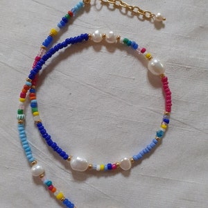 Cute handmade beaded freshwater pearl necklace beado/'s 90s style nostalgic colourful bead necklace evil eye charm necklace accessory