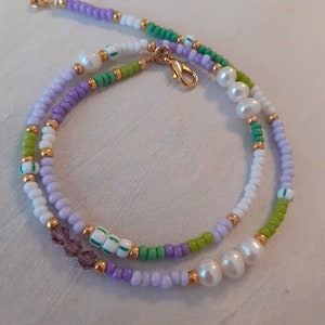 Freshwater pearl and beads necklace, real pearl and green and purple necklace, mixed beads necklace, beaded freshwater pearl choker
