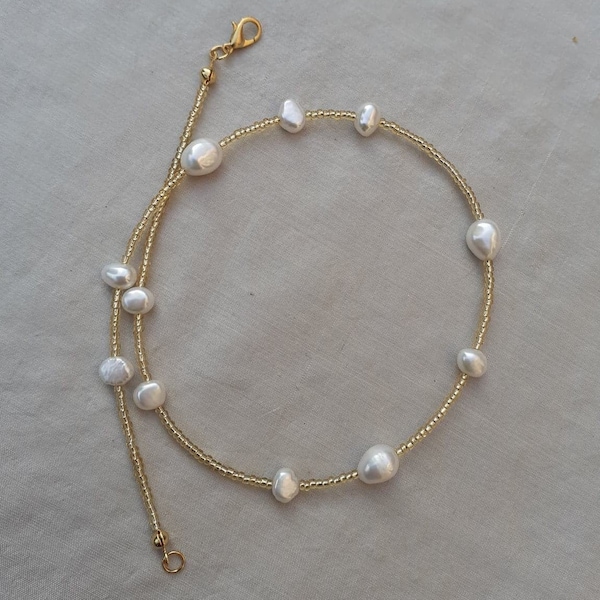 Freshwater pearl and gold beads necklace,  Beaded necklace, Real pearl and gold beads necklace, gold necklace layer