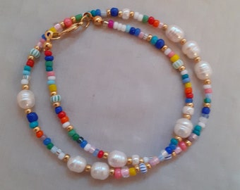 Beaded necklace, freshwater pearl and seed beads necklace, real pearl and colourful beads necklace mixed beads necklace, beaded pearl choker