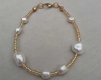 Pearl and gold beads bracelet, beaded freshwater pearl bracelet, real pearl bracelet, Christmas gift for her