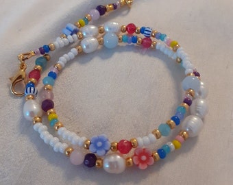 Freshwater Pearl Beaded Necklace: Colorful Seed Beads, Gemstones