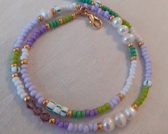 Freshwater Pearl Beaded Necklace: Purple, Green Seed Beads