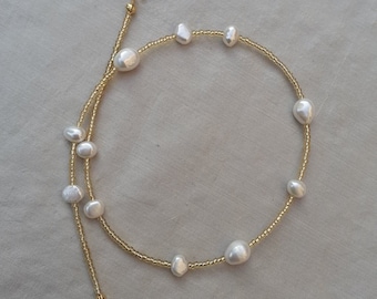 Süßwasserperle und Goldperlen Halskette, Perlenkette, echte Perle und Goldperlen, Gold Halskette Layer
