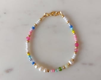 Beaded pearl bracelet, summer bracelet, colorful beaded pearl and beads bracelet, seed bead bracelet, boho jewellery, gift for her, BFF gift