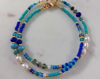 Freshwater Pearl Seed Bead Necklace: Blue Turquoise Beaded Choker