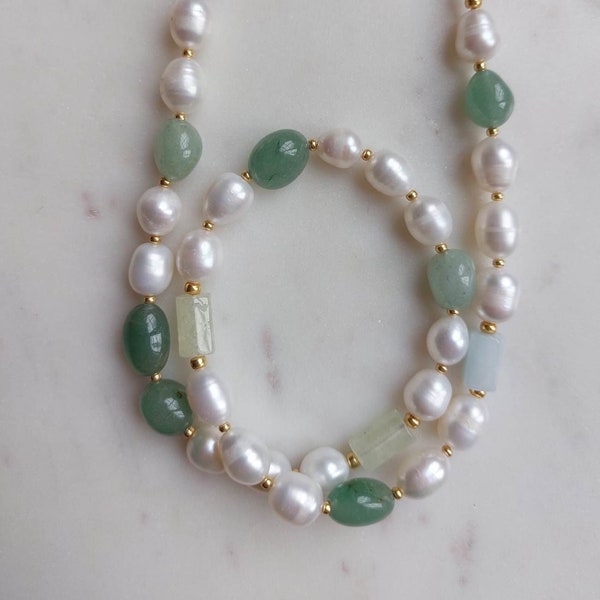 Freshwater pearl and gemstone necklace, aventurine and pearl necklace, boho necklace, chunky necklace, beaded necklace, summer necklace