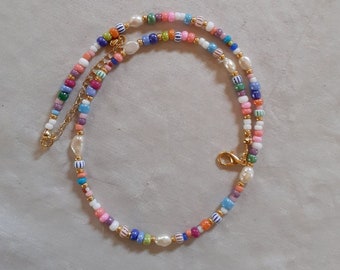 Colourful bead and pearl necklace, beaded necklace, beaded choker, colourful beaded necklace, Mothers day gift, pearl choker, BFF gift